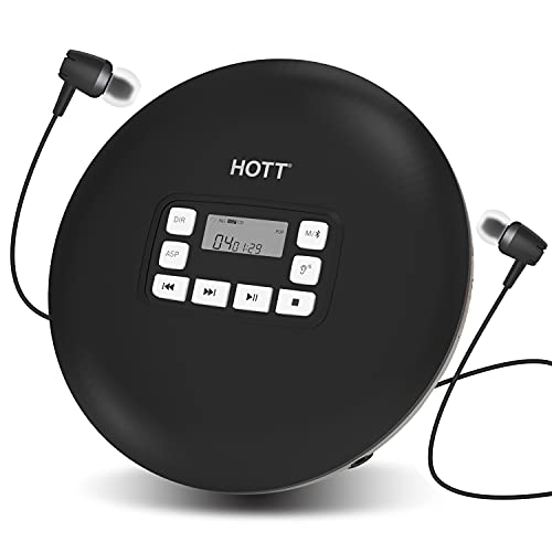 HOTT CD611T Tragbarer Bluetooth-CD-Spieler, Persönlicher Kompakt-CD-Spieler mit LCD-Display, Walkman Kleiner Musik-CD-Spieler mit Kopfhörer USB-Kabel für Auto Zuhause Reisen (Schwarz)
