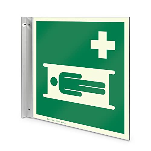 Krankentrage Fahnenschild - Aluverbundplatte, langnachleuchtend - 20,0 x 21,50 cm - Zur Wandbefestigung - Betriebsausstattung24®