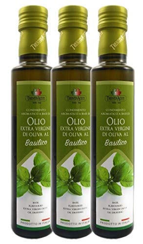 Extra Natives Olivenöl mit natürlichen Basilikumaroma - 3x250 ml - Italienisches Basilikum Olivenöl in höchster Qualität - TrentinAceti - kaltgepresst