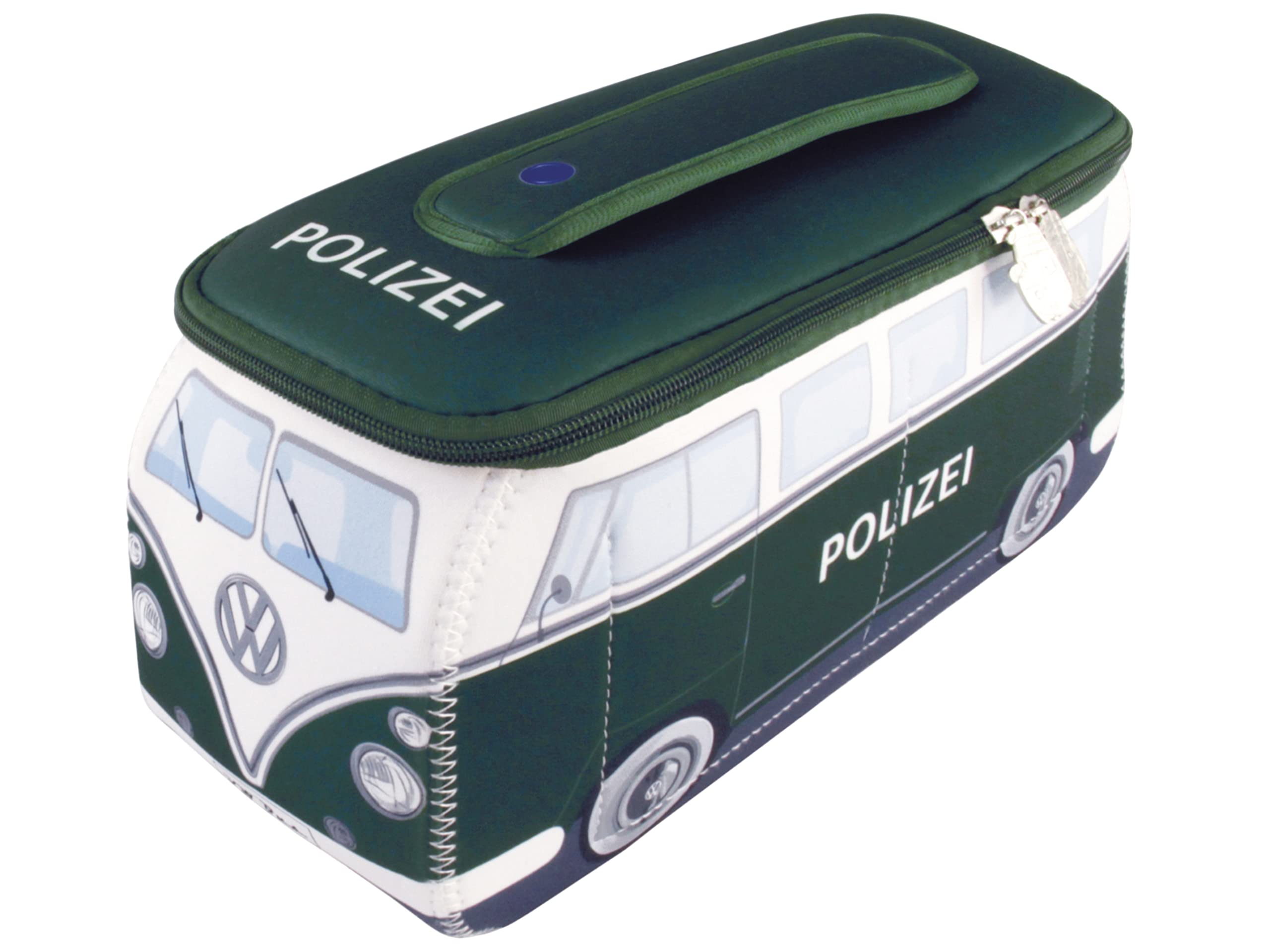 BRISA VW Collection - Volkswagen Neopren Universal-Schmink-Kosmetik-Kultur-Reise-Apotheke-Tasche-Beutel im T1 Bulli Bus Design (Polizei/Grün/Groß)