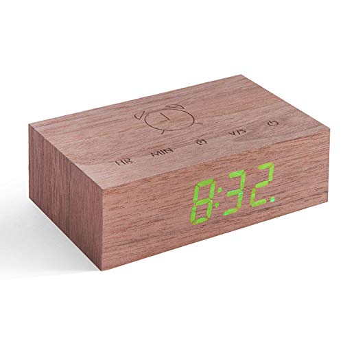 Gingko Flip Click Clock LED Alarm Clock Sound Activated with New Flip Technology, Rechargeable with Laser Engraved Touch Controls, Walnut
