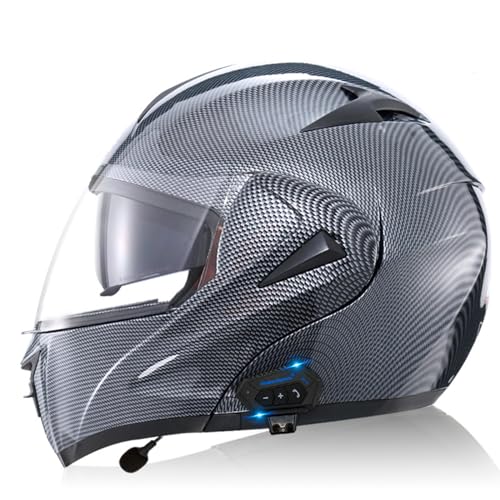 ZHXIANG Bluetooth-Motorradhelm, modularer Vollhelm mit doppelter Sonnenblende, DOT/ECE-zertifizierter Helm, integriertes Bluetooth-Headset, Motorradhelm mit doppelter Sonnenblende E,L=59-60CM