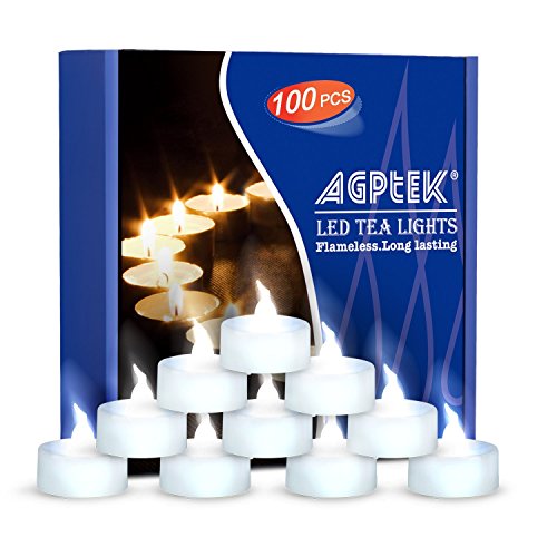 AGPTEK DE1XS 100 Stück LED Plies CR2032 Flackernde Kerze Teelicht weiß Flamme Dekoration Weihnachten Hochzeit Halloween Kunststoff 0,5 W kaltweiß