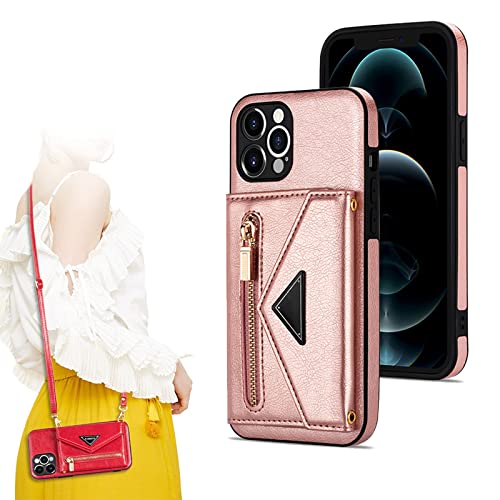 JMNJ Triangle Crossbody Zipper Wallet Card Leather Case for iPhone 11/12/13 Pro Max with Lanyard Strap (for iPhone 13,C-Pink Gold)