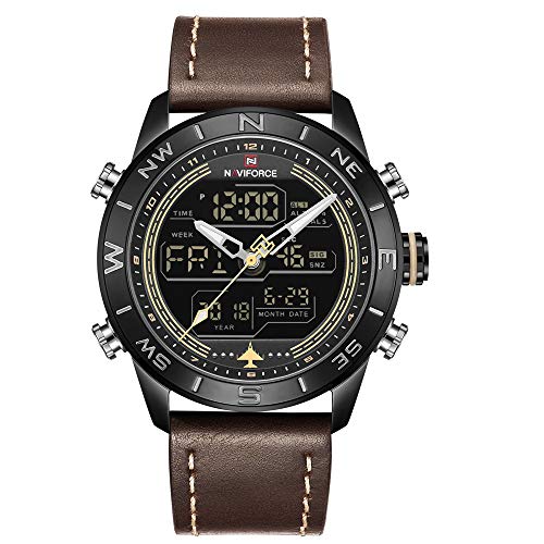 Naviforce Herren wasserdichte Sportuhren Leder Digital Analog Watch Luxus Chronograph Backlight Armbanduhr