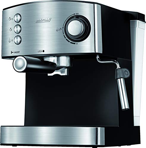 MPM MKW-06M 20 bar-Espresso-und Cappuccinomaschine, Milchaufschäumer, Tassenwärmer, Edelstahlausführung, Abnehmbarer 1,7-Liter-Wassertank, 850 W, 1.7 liters, Silver