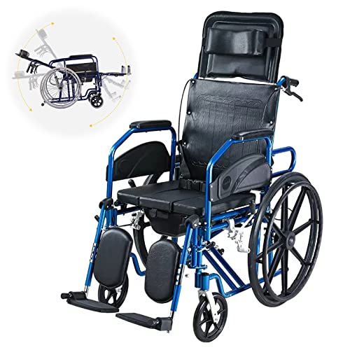 Bueuwe Multifunktioneller Rollstuhl Faltbar Leicht Aktivrollstuhl für die Wohnung, Aluminium Rollstühle für Behinderte und Senioren, Reiserollstuhl, Mehrere Einstellfunktionen, Sitzbreite 46 cm