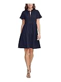 DKNY Women's Trapeze Dress with Ruffle Neck and Short Tiered Sleeves, Dazzling Navy, 2