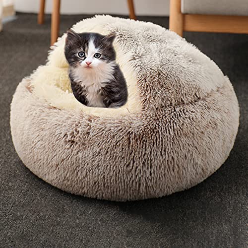 Katzenbett Haustierhöhle Bett Beruhigende Katze Schlafsack, Donut Hundehöhle Bett Anti-Angst Hundebett, kleines Haus, flauschig, warmes Katzen-Iglu-Bett (50 cm, Braun)