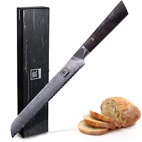 Zayiko Damastmesser Brotmesser - sehr hochwertiges Profi Messer mit Ahornholz Griff mit Damast Klinge, mit Holzbox, Damastmesser Brotmesser, Damastküchenmesser