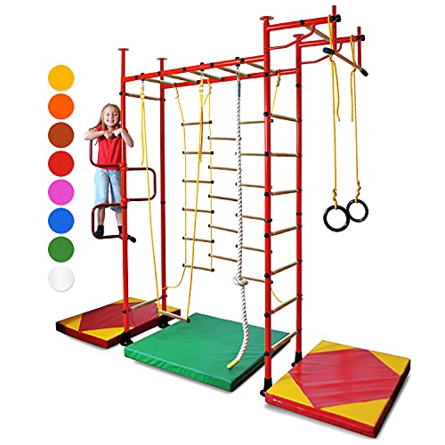 NiroSport FitTop M3 Klettergerüst Indoor für Kinder in Rot/Holzsprossen/Indoor Sprossenwand für Kinderzimmer/leicht montierbare Kletterwand/Turnwand für max. Belastung bis 130 kg