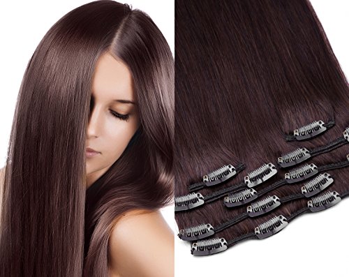 GlamXtensions Clip In Extensions Set für komplette Haarverlängerung 100% Echthaar 7 teilig 70g hochwertigeres Remy Haar 45 cm Clip-In Hair Extension Nr. 4 schokobraun braun