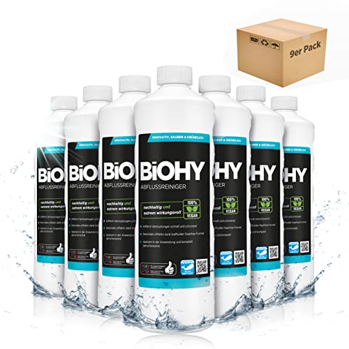 BiOHY Abflussreiniger (9x1l Flasche) | mit spezieller Haarweg-Formel | Bio Abflussreiniger für Küche & Bad | entfernt selbst hartnäckigste Verstopfungen | ohne ätzende Dämpfe & Gerüche