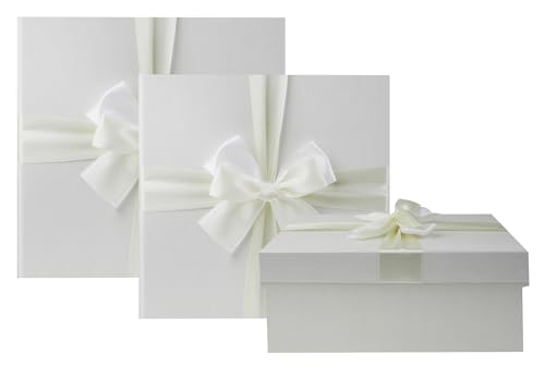 Emartbuy Set von 3 starren quadratischen Geschenkboxen, elfenbeinfarbene Box mit Deckel, innen braun und Satinband