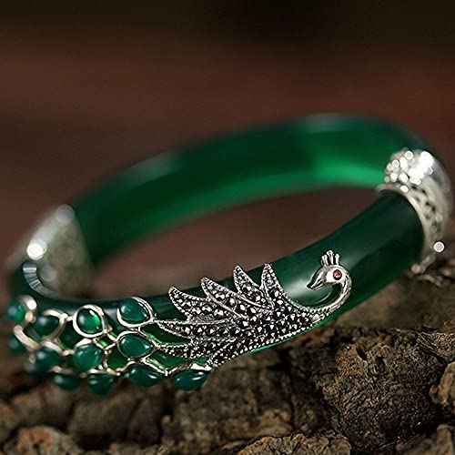 YQJY Natürliches Jade-Armband,S925 Silber Pfau-Armband,Heilende Energie, Handschneidend,Armreif für Frauen,Green-62mm