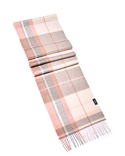 MayTree Kaschmir-Schal in verschiedenen Farben Herren und Damen, Unisex Woll-Schal aus 100% Kaschmir, einfarbig und kariert, 180 x 30 cm (grau rosa weiss kariert)