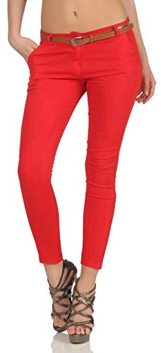Malito Damen Chinohose mit Gürtel | Stretch Caprihose | schicke Freizeithose | Skinny - Slimfit - elegant 5388 (L, rot)