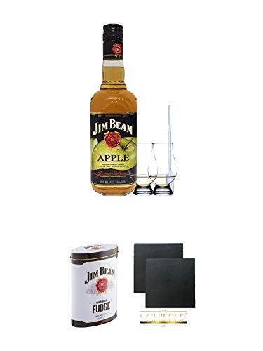 Jim Beam APPLE Whiskey 0,7 Liter + 2 Glencairn Gläser und Einwegpipette + Jim Beam Malt Whisky Fudge in Blechdose 300g + Schiefer Glasuntersetzer eckig ca. 9,5 cm Ø 2 Stück
