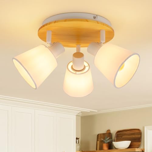 Ketom Deckenstrahler LED Stoff Holz Schwenkbar - Strahler Deckenleuchte 3 Flammig Rund - Deckenlampe Spots Weiß E14 - Ohne Leuchtmittel
