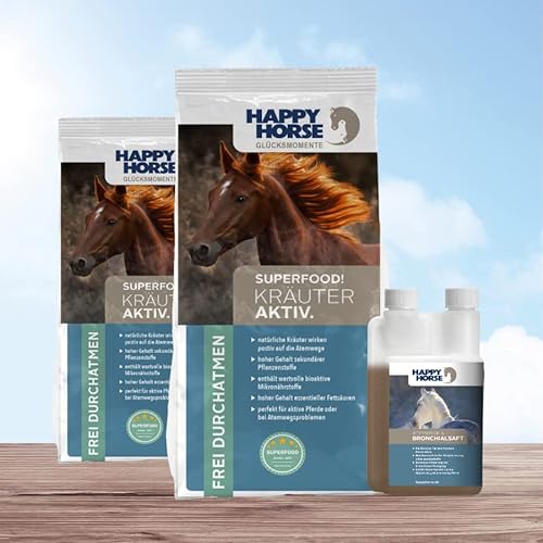 Happy Horse Superfood Kräuter Aktiv 2 x 14 kg + Atemwege und Bronchialsaft 1000 ml - zur positiven Beeinflussung der Atemwege