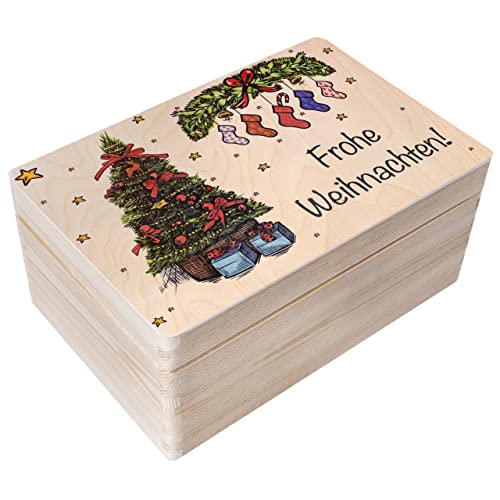 Creative Deco Personalisiert Weihnachten Deko Geschenkkiste Geschenkbox | 30 x 20 x 14 cm | Weihnachtsbaum Motive Geschenk Holzkiste mit Deckel Gravur | Weihnachtsdeko