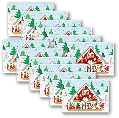 Weihnachtskarten mit Umschlag, hochwertig geprägte Grußkarten mit wunderschönem Design (12x Weihnachtshaus)
