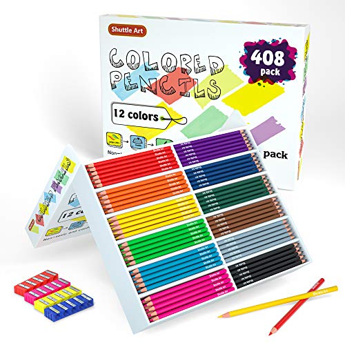 408 Pack Buntstifte Schule Set, Shuttle Art 12 Farben Malstifte für Kinder plus 20 Anspitzer, Buntstifte großpackung für Kinder, Klassenzimmer, Schulbedarf, Schreibwaren