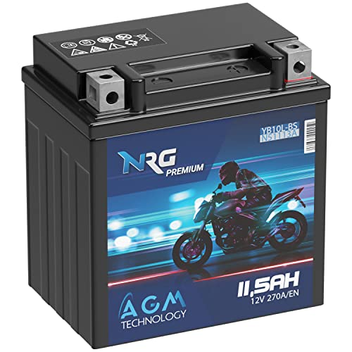 NRG Premium YB10L-BS AGM Motorradbatterie 11,5Ah 12V 270A/EN Batterie 51113 YB10L-A2 YB10L-B2 auslaufsicher wartungsfrei ersetzt 11Ah