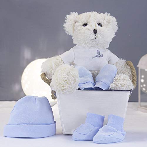 BebeDeParis | Originelle Geschenke für Neugeborene | Set mit Socken, Mütze und Handschuhen | inkl. Teddybär | 3-6 Monate (blau)