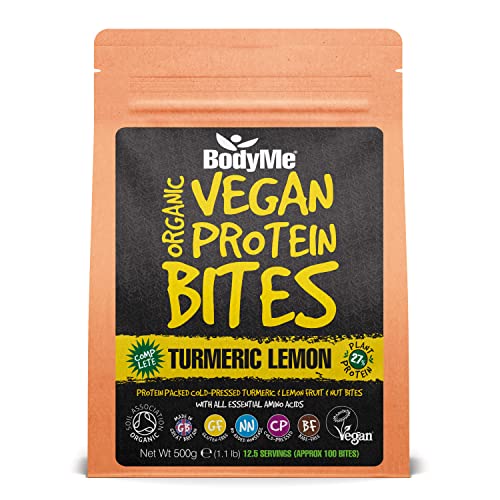 BodyMe BIO Vegan Protein Snack Bisse | Roh Kurkuma Zitrone | 500g | 100 Bissversionen Unserer Vegane Proteinriegel | Glutenfrei | 11g Komplette Protein | 3 Veganes Proteine | Essentiellen Aminosäure