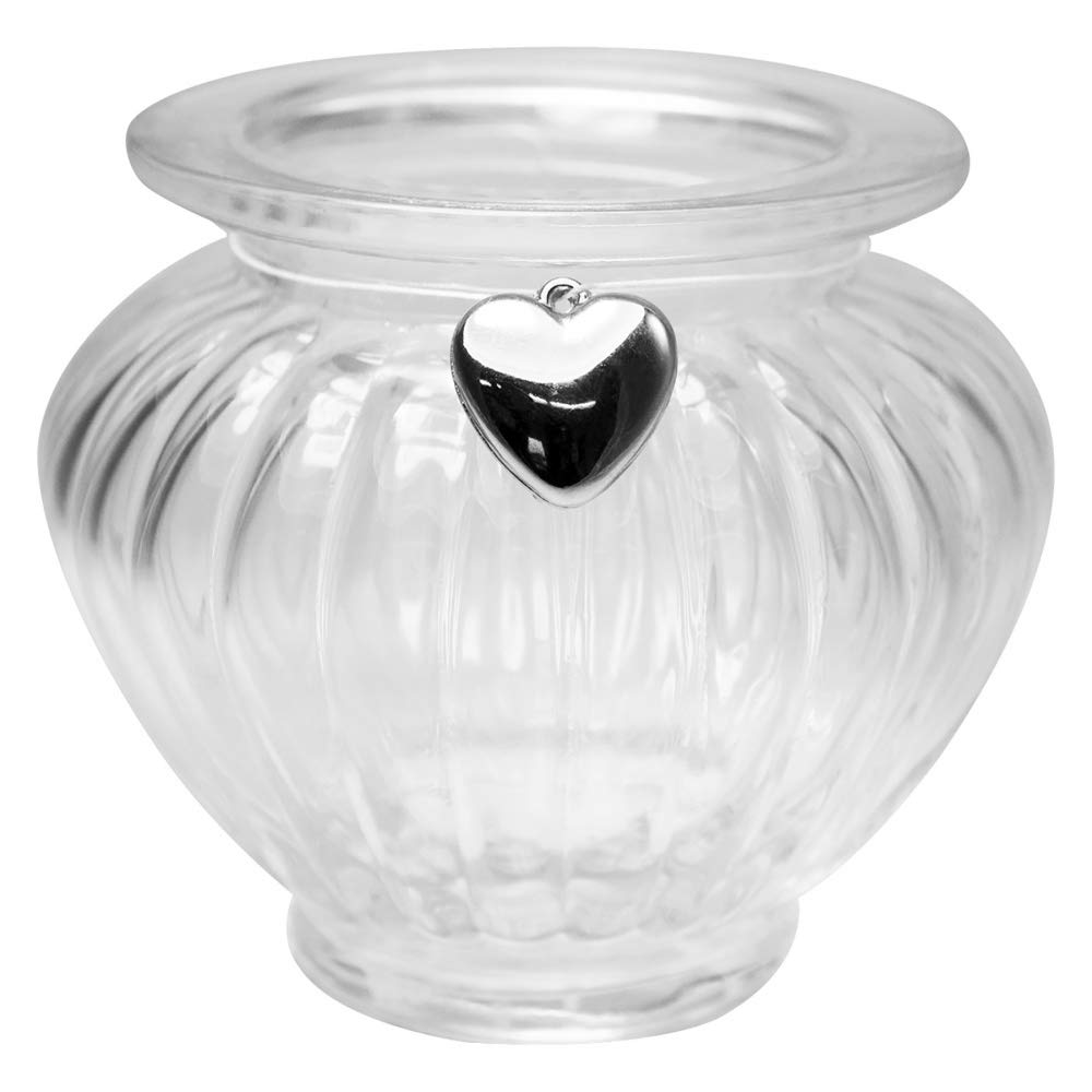 12 x Windlichter aus Glas im Vintage-Look H 9 cm bauchig - Teelichtgläser Kerzengläser (12 Gläser + 12 Herzen glänzend)