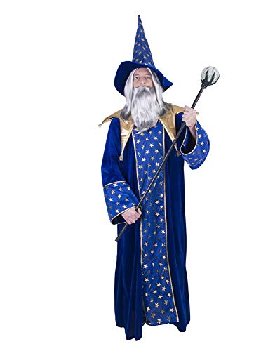 Zauberer Isior Magier Kostüm für Herren - Blau Gold - Hexer Robe und Hut für Mottoparty und Fasching