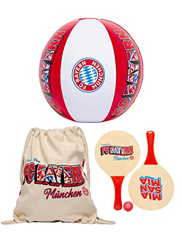FC Bayern München Strandspiel 3er Set : Wasserball, Beach Tennis-Set mit Ball und Stoffbeutel FCB Beachball