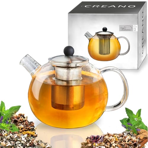 Creano Teekanne mit Siebeinsatz aus Glas 1,5l - Glasteekanne mit Edelstahl-Sieb und Deckel - Ideal zur Zubereitung von Losen Tees - tropffrei