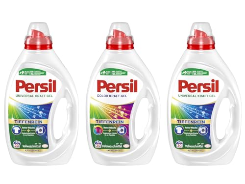 PERSIL Kraft-Gel-Set 3x 20 Waschladungen (60WL) 1x Color & 2x Universal, Color- & Vollwaschmittel-Set für reine Wäsche und hygienische Frische für die Maschine, wirksam ab 20 °C