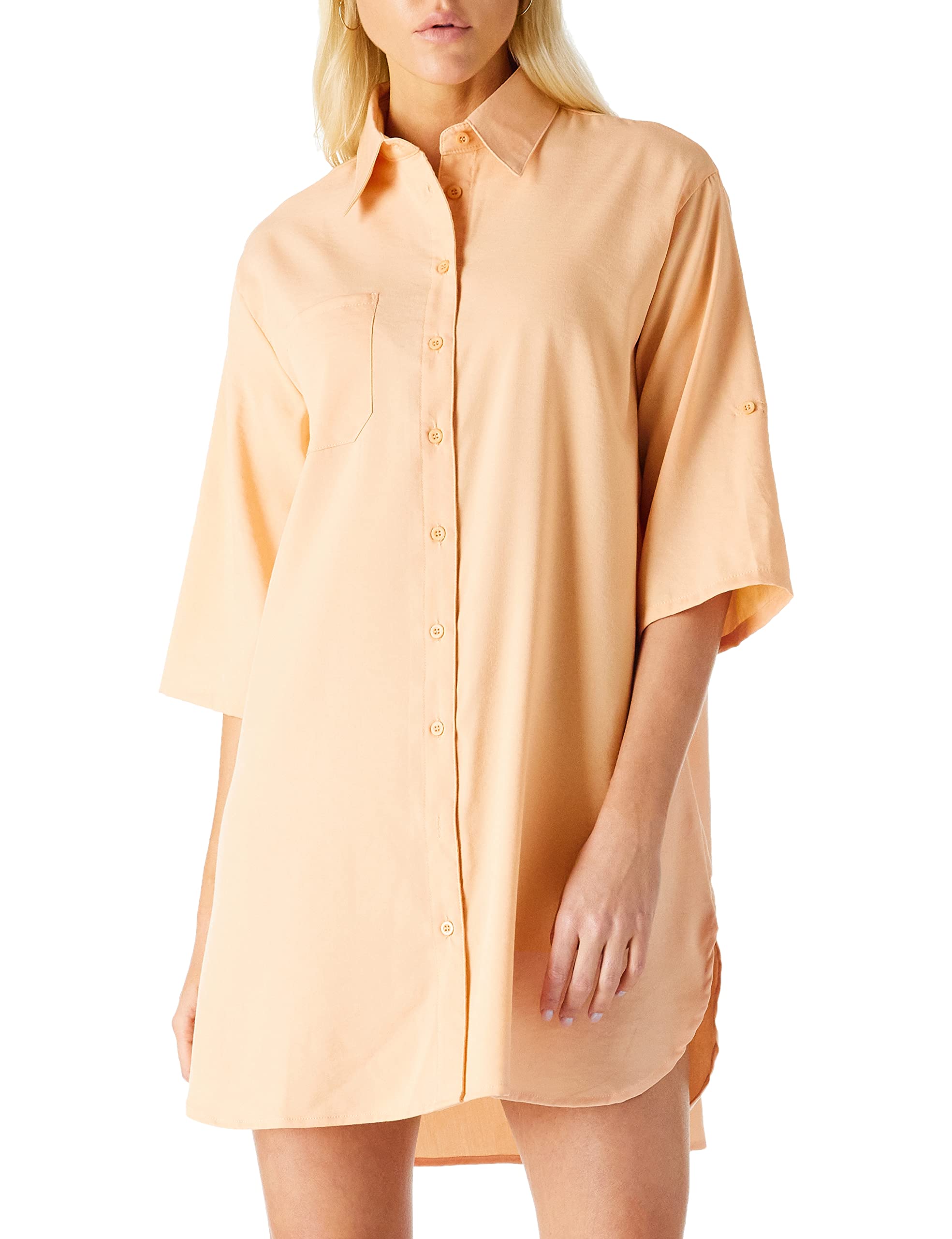 find. Lässiges Damenkleid Halblange Ärmel Bündchen Knopfleiste Mini-Shirt-Kleid Übergröße V-Ausschnitt Hemdblusenkleid, Pfirsichrosa, Size S