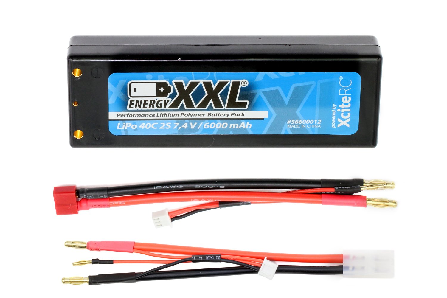 XciteRC 56600012 - Energy XXL Performance Lipo Batterie Pack 40C 2S - Hardcase, 4 mm Goldplugs, T und JST Adapterkabel, 7.4 V, 6000 mAh