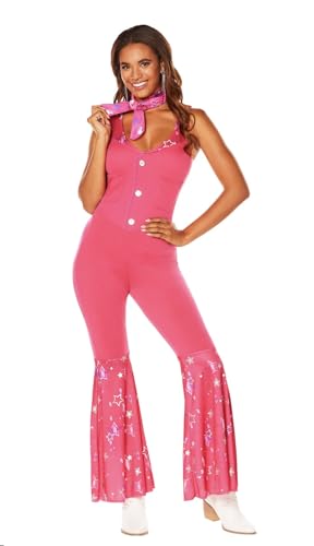 MIMIKRY 2-teiliges Country Western Barbie Damen Kostüm Pink Jumpsuit und Bandana Puppe Film Rodeo, Größe:XL