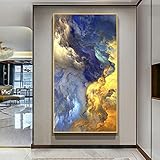 Moderne Kunst Abstrakte Goldene und Blaue Wolkennebel Nordische Wandkunst Leinwand Poster und Drucke Bild für Wohnzimmer Dekor 85x170cm (33x67in) Mit Rahmen