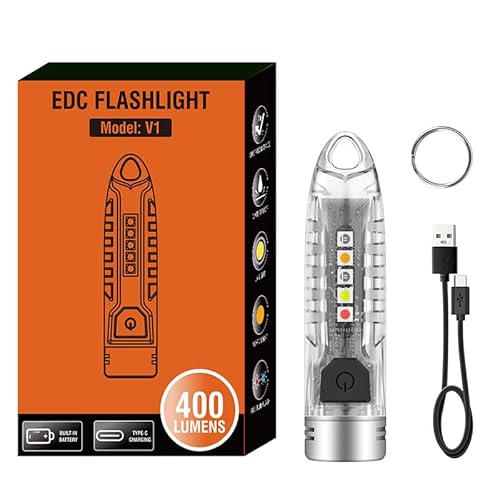 Mini Schlüsselanhänger Taschenlampen LED Super Hell 400 Lumen Wiederaufladbare EDC Taschenlampe Taschenlampe mit UV Gelb Rot Blau Warnlicht Multifunktionaler Schlüsselanhänger Notlicht 12 Modi