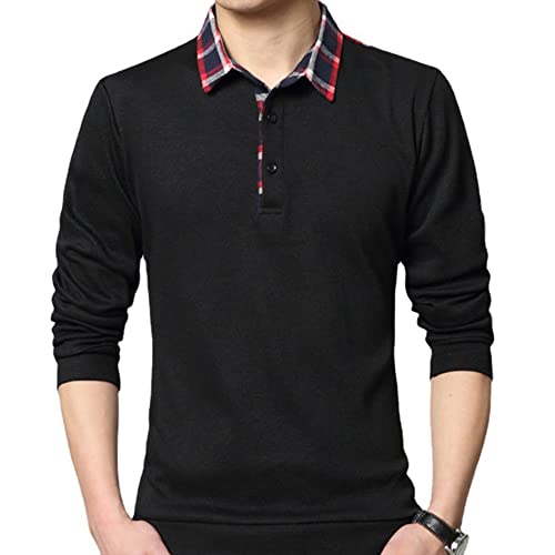 Herren Poloshirt Langarm Kariert Polo Kragen Einfarbig Freizeit Basic Polohemd für Männer Einfarbig Slim Fit T-Shirt Langarm Polo für Männer (2XL,Schwarz)