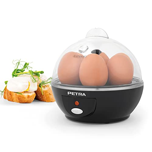 Petra PT2783VDEEU7 Kompakter, elektrischer Eierkocher für 6 gekochte, mittelweich- oder hartgekochte Eier, mit 2 Pochiereinsätzen, entnehmbarer Eiereinsatz und Messbecher, Kontrolllampe, 430 W