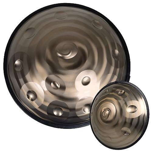 Handpan-Trommel, Stahl-Handtrommel, 12 Noten, 22 Zoll, goldene Spirale in D-Moll, 432 Hz/440 Hz, mit Rattan-Kantenschutz, weicher Hand-Pan-Tasche, 2 Handpan-Schläger (Größe: 43