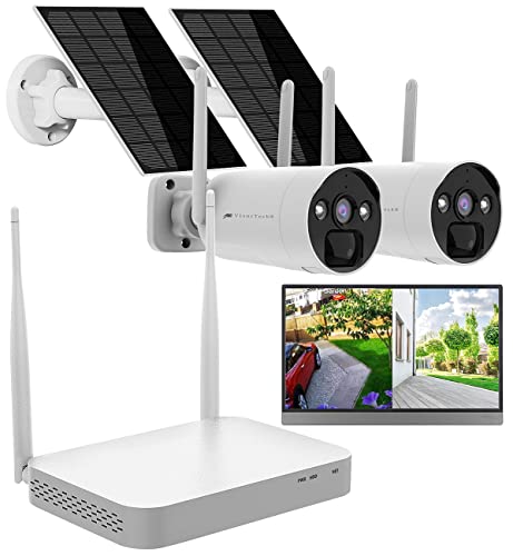 VisorTech Funk Kamera Set: 2K-Festplatten-Überwachungsrekorder + 2 Solar-Akku-Kameras, Funk, App (WLAN Überwachungskamera Solar)
