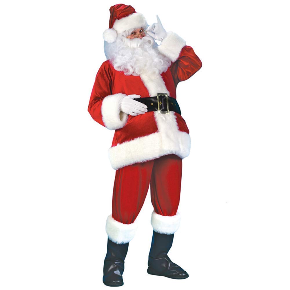 BriskyM Weihnachtsmann Kostüm Deluxe, Weihnachtsmann Cosplay Kostüm für Herren Mit- Mütze, Bart, Gürtel und Handschuhe,Größe S-3XL,5-teilig (Rot, L)