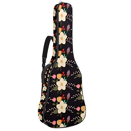 Gitarren-Gigbag, wasserdicht, Reißverschluss, weicher Gitarren-Rucksack, Bassgitarre, Akustik- und klassische Folk-Gitarre, Tasche mit Blumenmuster auf schwarzem Hintergrund