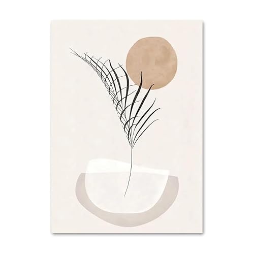 GIBOH Abstraktes Boho-Pflanzenblatt, Vase, Sonne, Poster und Drucke, Moderne Wandkunst, beige rosa, Leinwandgemälde, nordische Bilder für Heimdekoration, 50 x 70 cm x 1, ohne Rahmen