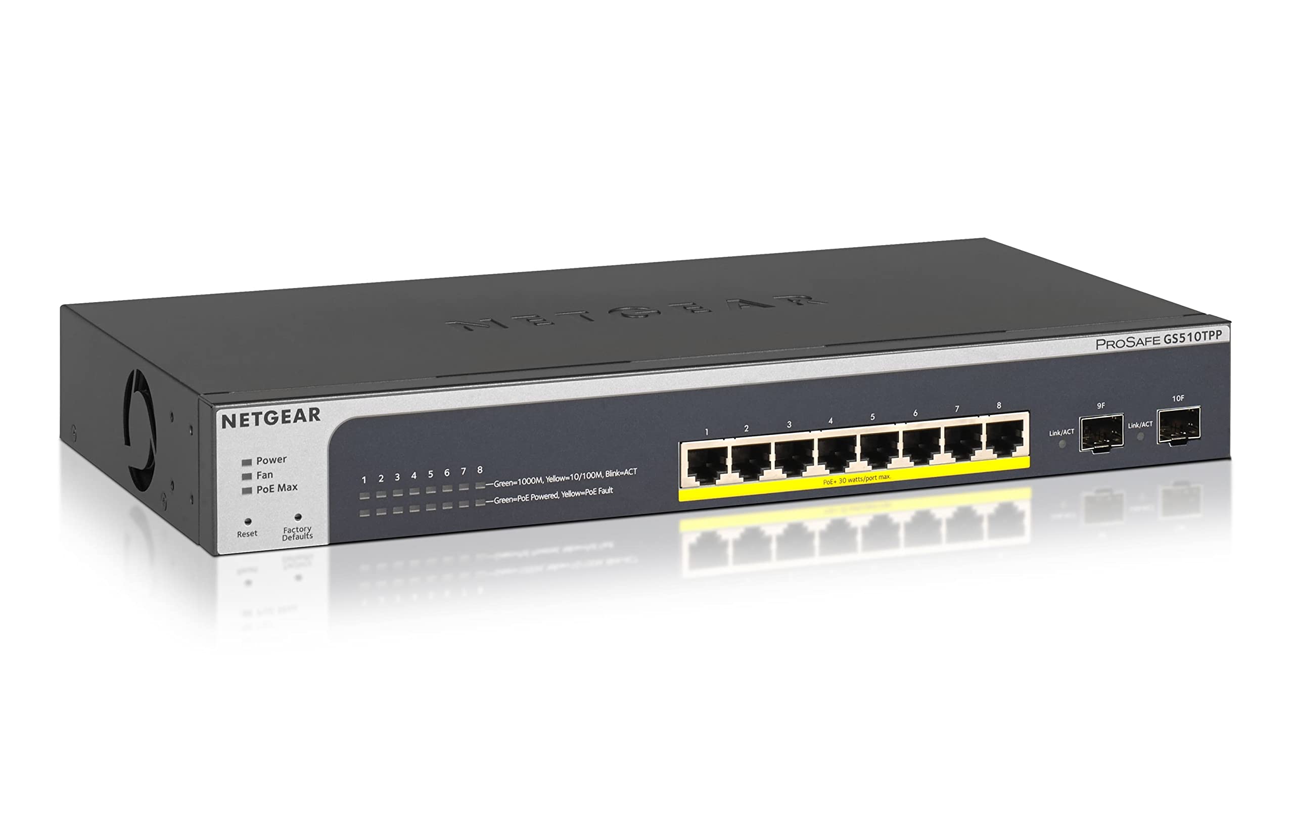 NETGEAR GS510TPP 10 Port Gigabit Ethernet LAN PoE Switch Smart (Netzwerk Switch Managed mit 8x PoE+ 190W, 2x 1G-SFP, Desktop oder 19 Zoll Rack-Montage, ProSAFE Lifetime-Garantie)