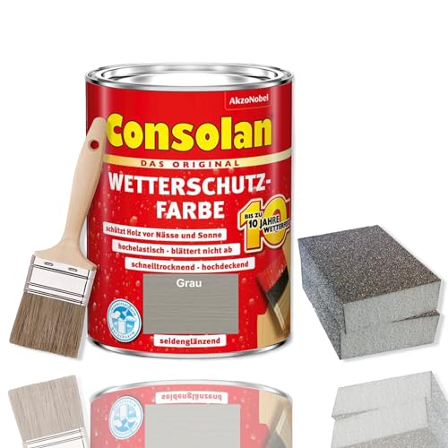 Consolan Wetterschutzfarbe Set 750 ml Holzfarbe Dauerschutz Deckend mit Zubehör (Grau)