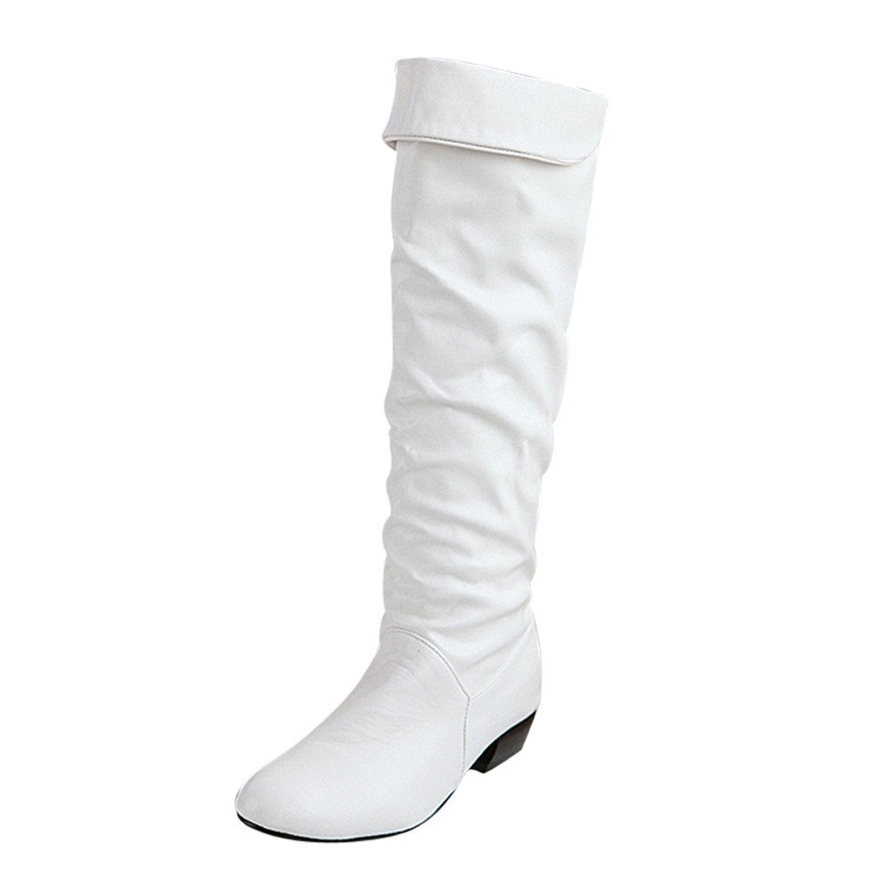 YWLINK Damen Winter Klassisch Elegant Overknees Langschaft Stiefel Hohe Stiefel RöHre Flache Niedrige Ferse Reitstiefel(41 EU,Weiß)